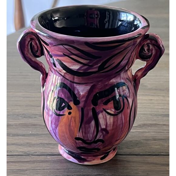 Pottery Ceramic Art Face Vase Handpainted Hand Signed 5" Patrick Dougherty Look - Picture 1 of 6